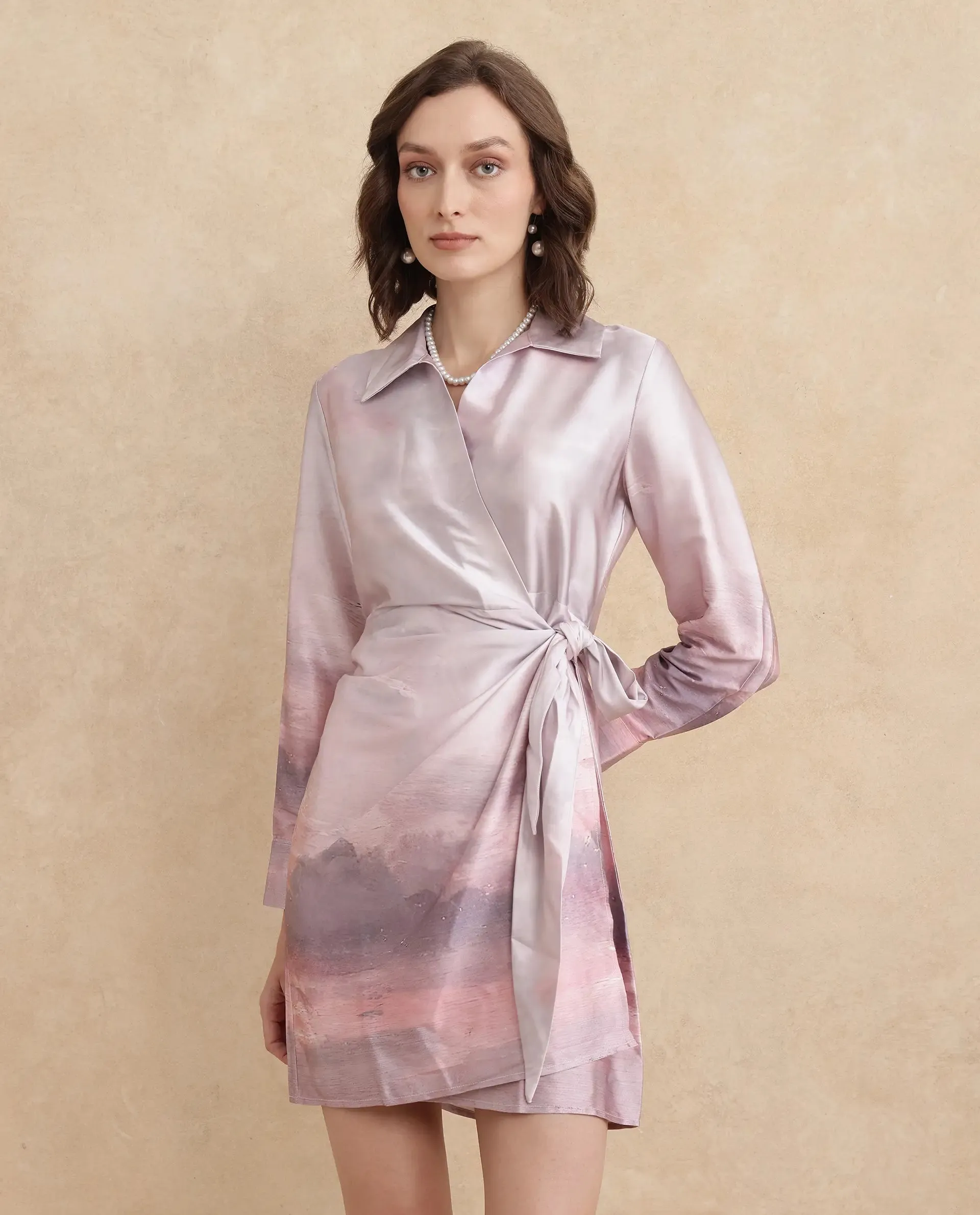 Rareism Women Qert Dusky Multi Cuffed Sleeve Johnny Collar Straight Fit Maxi Abstract Print Dress