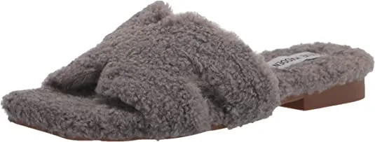 Steve Madden Seek Grey Slip On Squared Open Toe Comfy Low Heel Flat Slippers