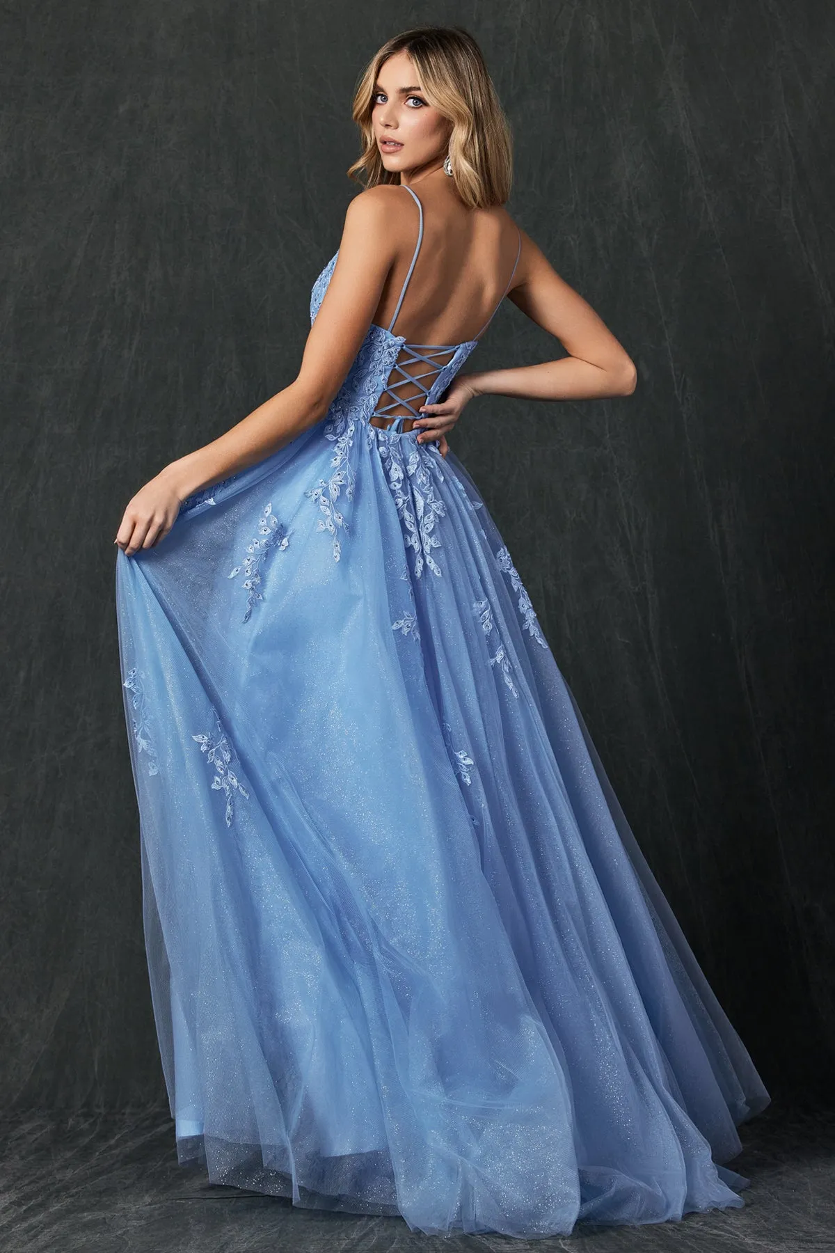 Tulle Prom Dress w/ Floral Applique