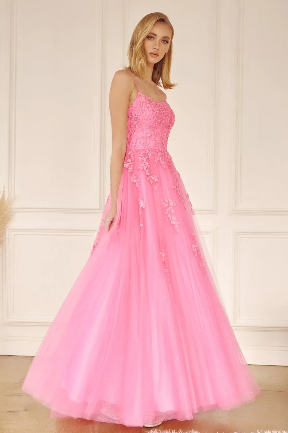 Tulle Prom Dress w/ Floral Applique