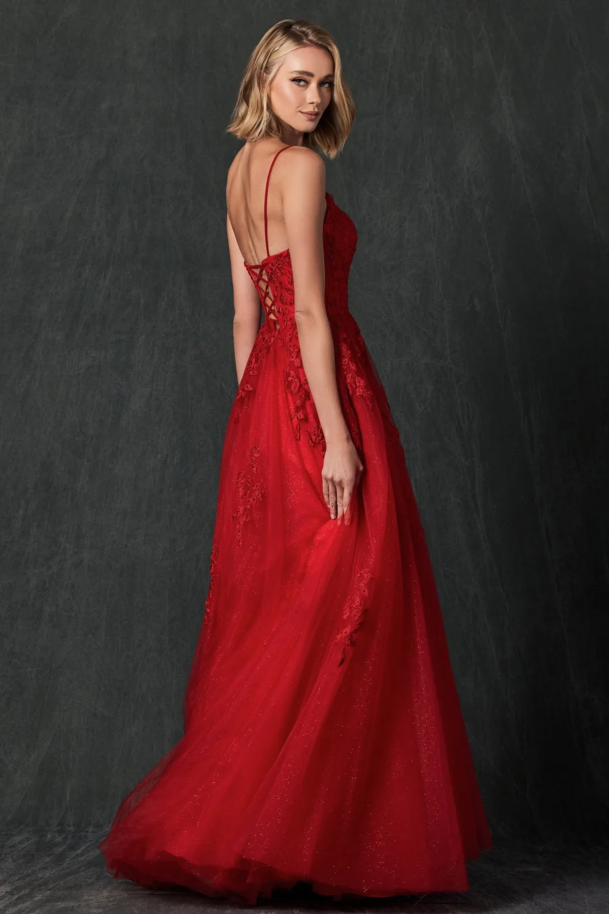 Tulle Prom Dress w/ Floral Applique
