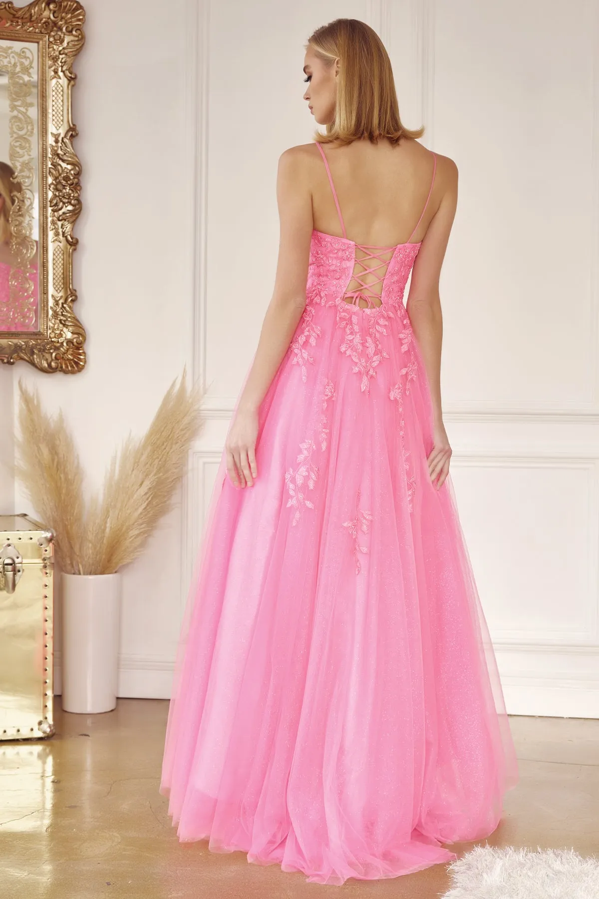 Tulle Prom Dress w/ Floral Applique