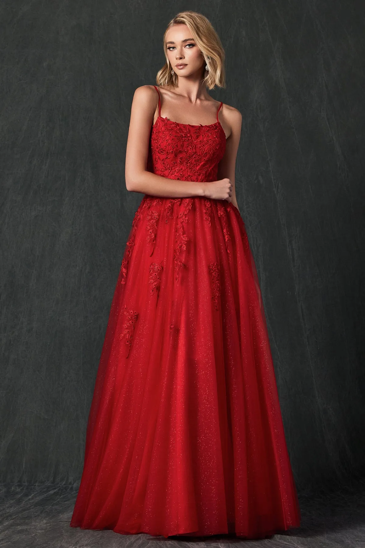 Tulle Prom Dress w/ Floral Applique