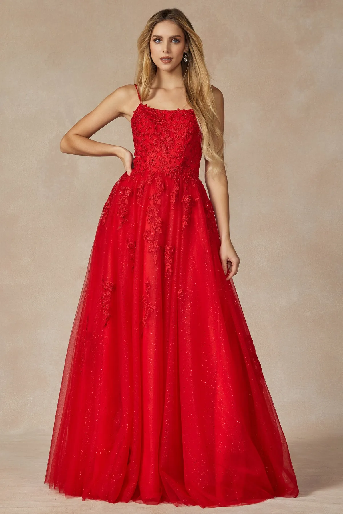 Tulle Prom Dress w/ Floral Applique