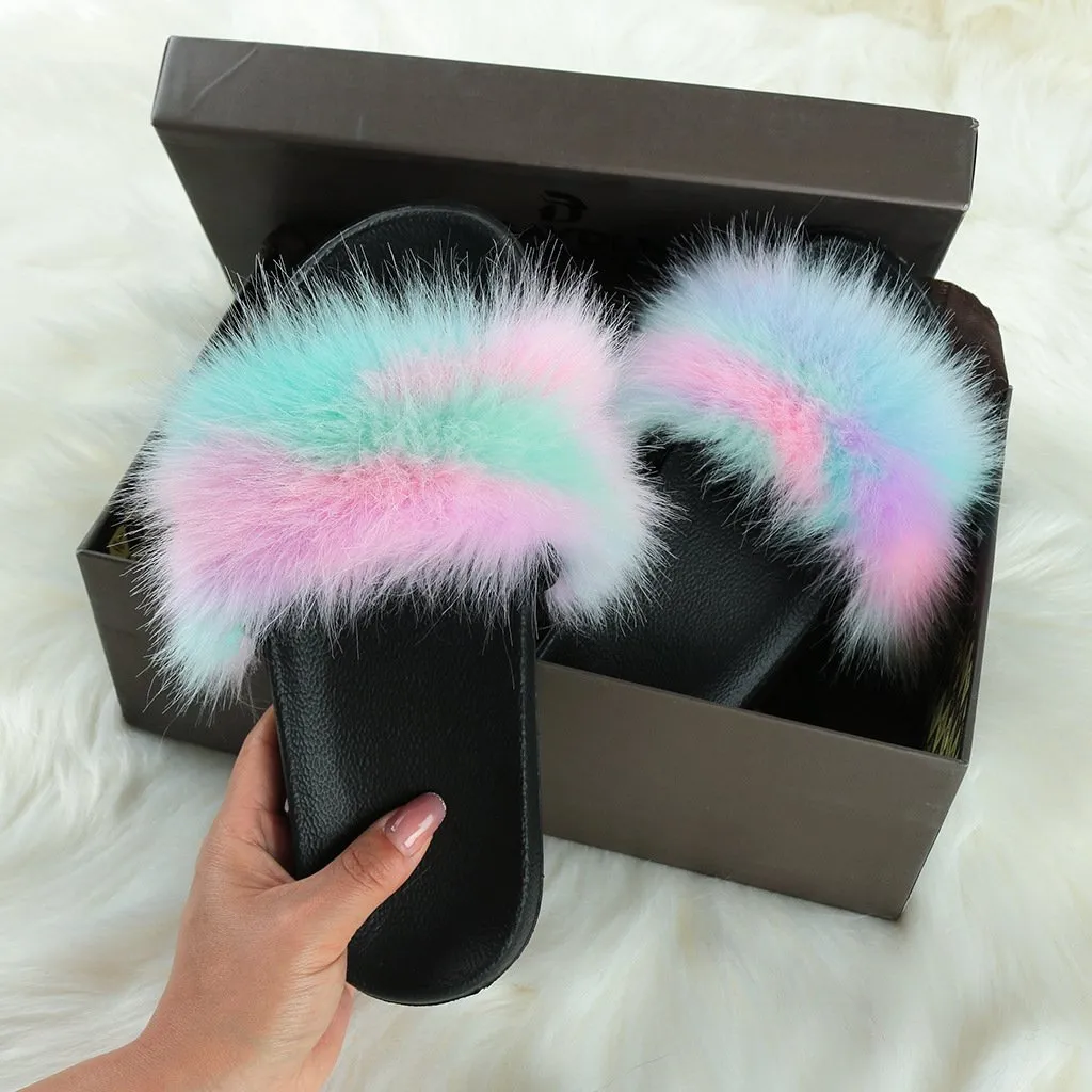 Women's flat fuzzy indoor slides with arch support comfy house shoes